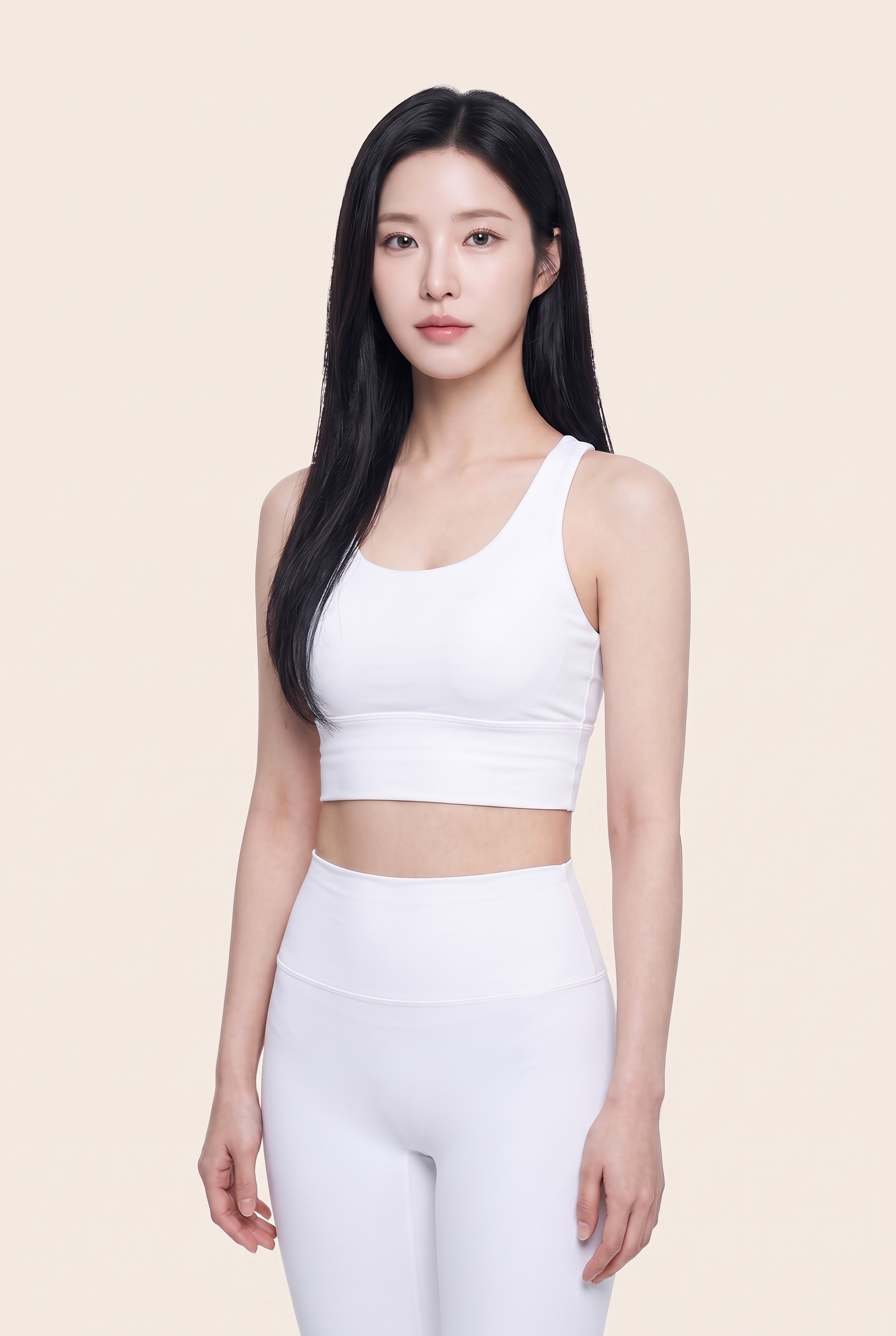 흰 운동복을 입은 성인 모델의 고해상도 AI 생성 바디 관리 소개 이미지