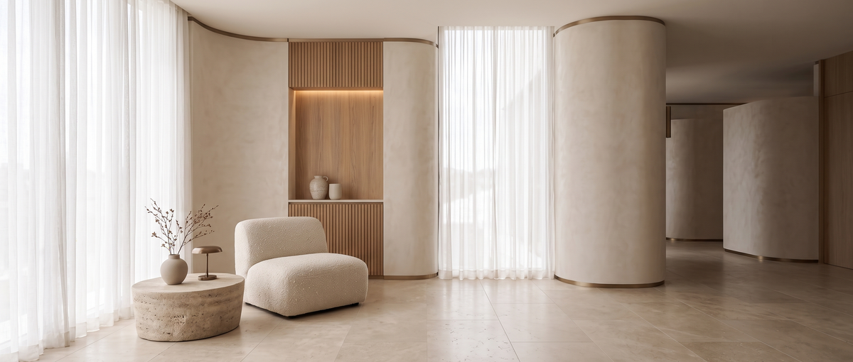 AI 생성 인테리어 연출: 라운지 디테일의 아이보리·베이지·우드 톤 공간